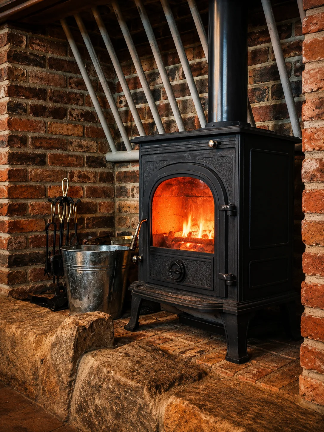The cast iron wood burner in the brick fireplace