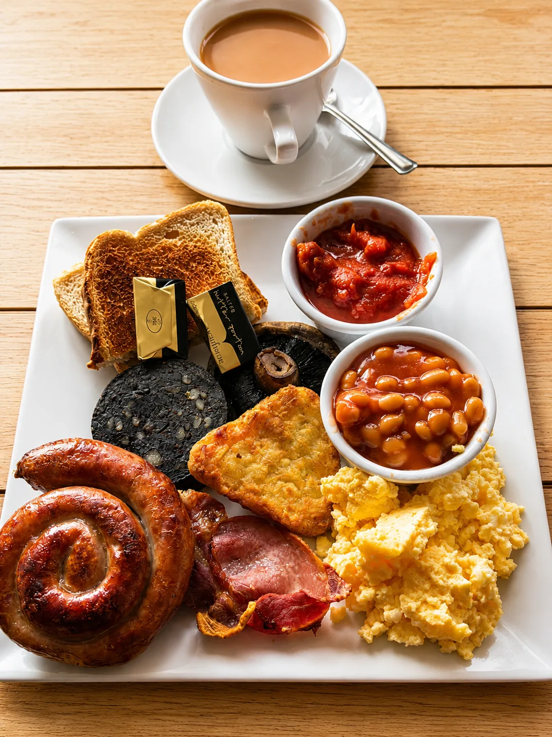 A full cooked breakfast with sausage, bacon, scrambled eggs, beans, toast and coffee