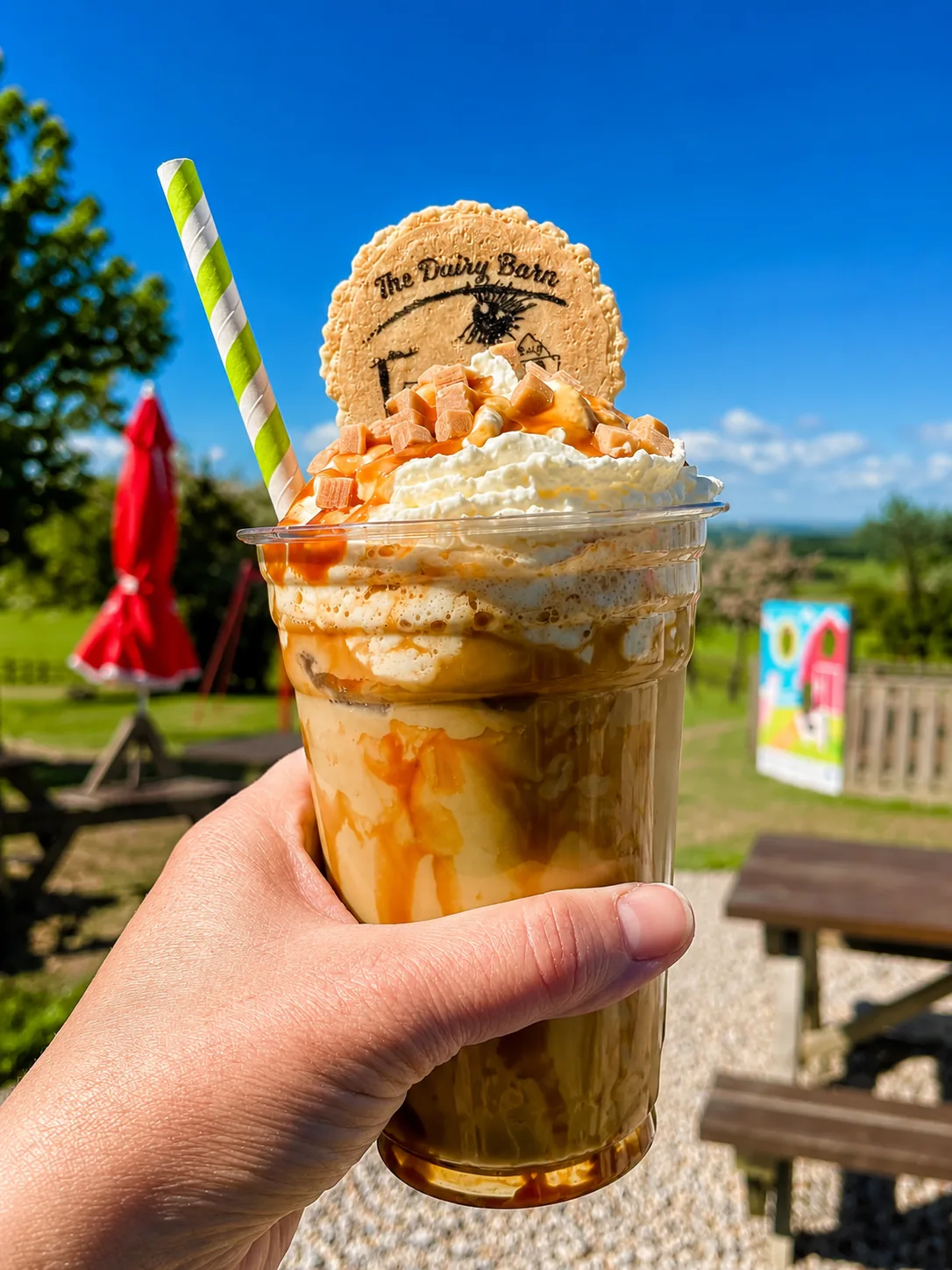 A tall ice cream milkshake topped with whipped cream and a Dairy Barn wafer